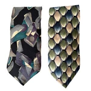Pierre Cardin 2 Silk Ties Neckties Green Blue Geometric Classic USA Gift Lot